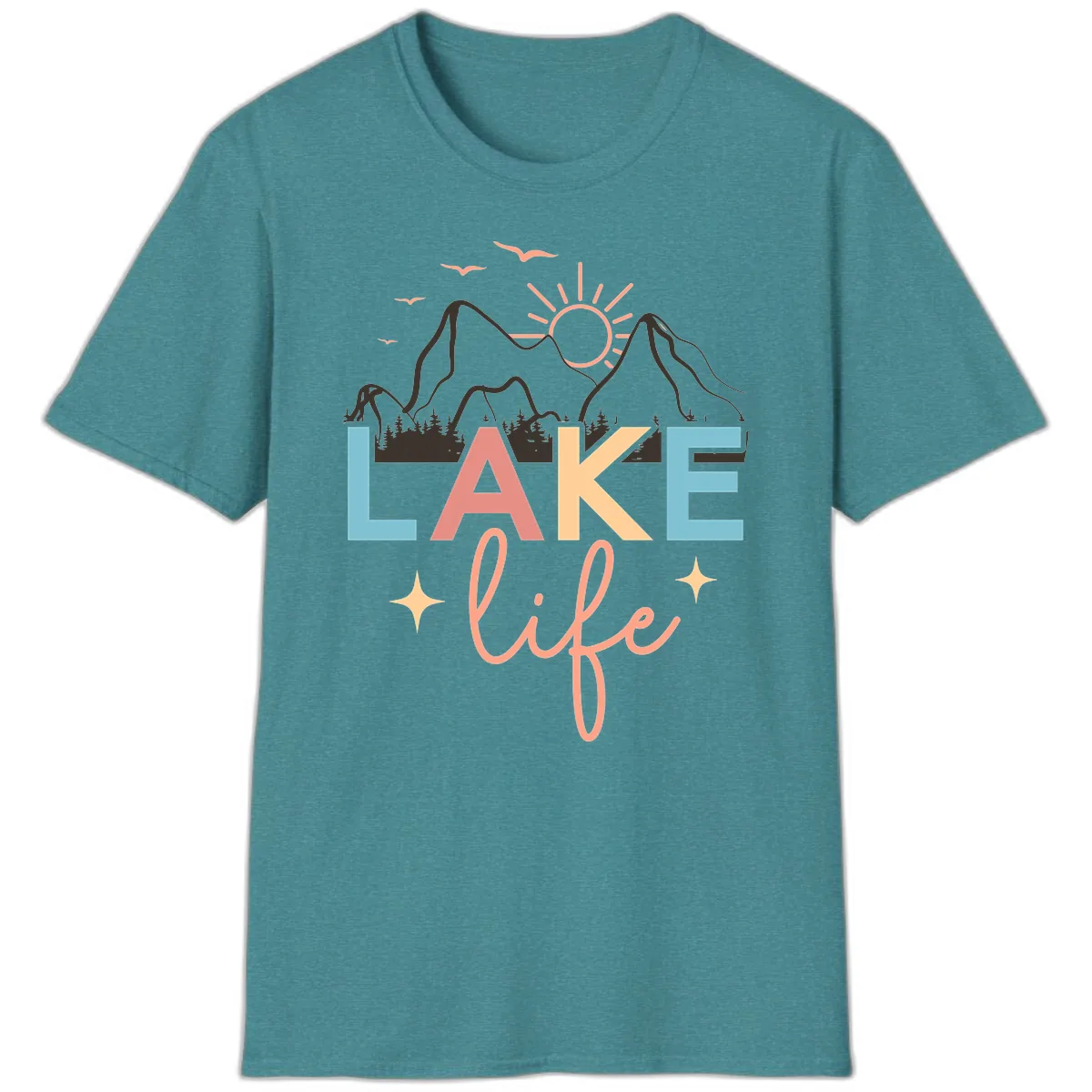 Mountain Lake Life Typography T-Shirt in Heather Galapagos Blue